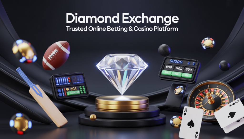 “3D illustration of Diamond Exchange online betting and casino platform with glowing diamond logo, sports betting icons, casino chips, and a modern futuristic gaming interface.”