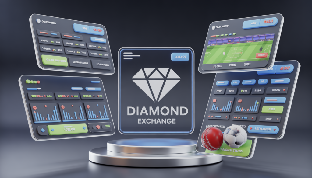 3D modern illustration of the Diamond Exchange betting platform showing sports betting markets, live odds dashboard, and online casino interface in a stylish, elegant design.