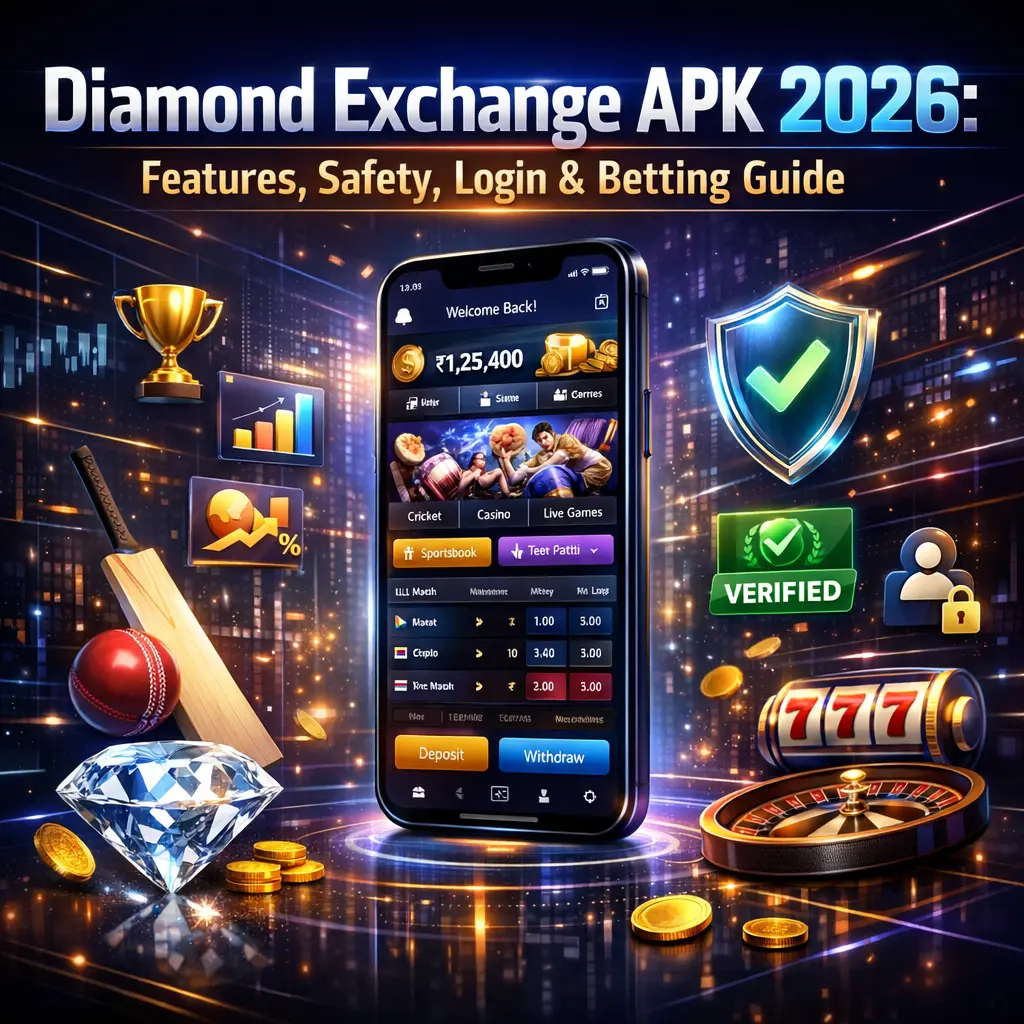 Diamond Exchange APK 2026 banner showing smartphone app interface, features icons, security elements and modern tech design