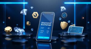 3D modern illustration of Diamond Exchange APK download and installation process showing a smartphone with the app interface, secure login icons, and step-by-step visuals in an elegant design.