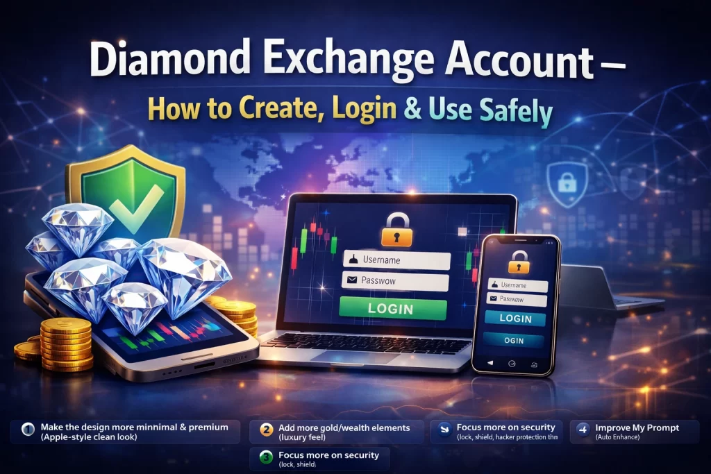 "Diamond Exchange Account guide banner showing secure login, diamonds, mobile and laptop interface with financial charts and safety icons"