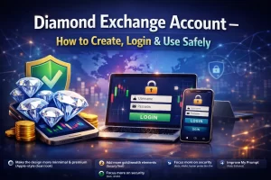 "Diamond Exchange Account guide banner showing secure login, diamonds, mobile and laptop interface with financial charts and safety icons"