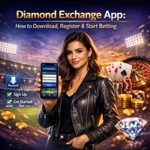 Diamond Exchange app download and registration banner showing woman with smartphone, cricket stadium and casino elements
