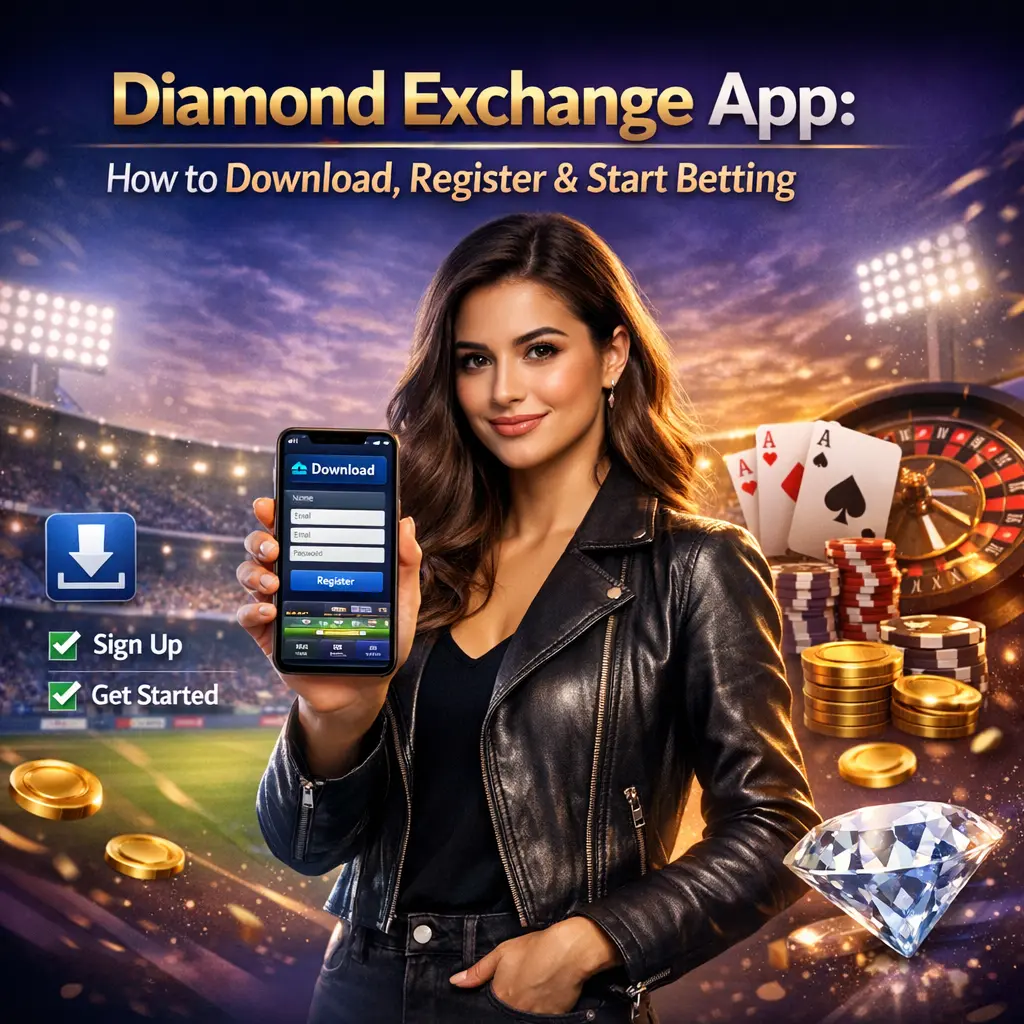 Diamond Exchange app download and registration banner showing woman with smartphone, cricket stadium and casino elements
