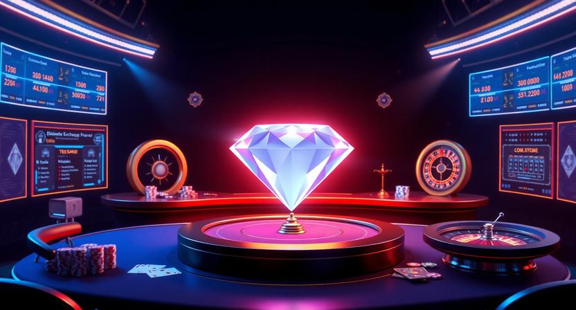 3D modern illustration of Diamond Exchange casino games featuring live casino tables, Teen Patti cards, poker chips, and a luxury diamond-themed gaming interface.