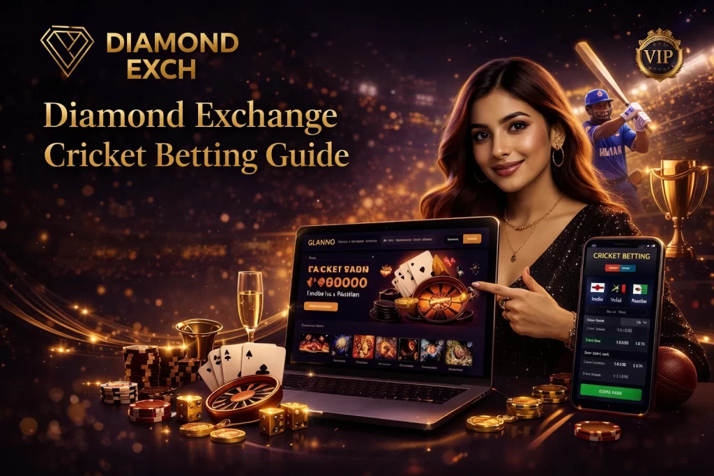 "Diamond Exchange cricket betting guide banner with luxury casino theme, female influencer, and live betting interface"