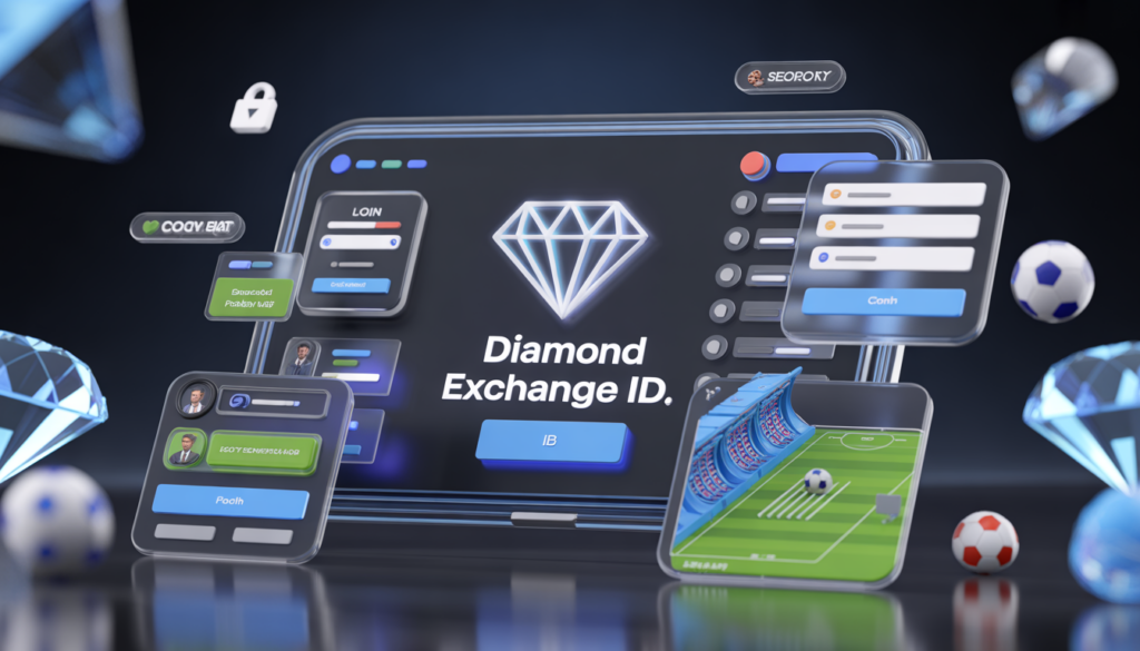 3D modern illustration showing Diamond Exchange ID registration and login dashboard with secure access, customer support icons, and sports betting interface in a stylish luxury design.