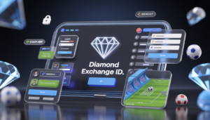 3D modern illustration showing Diamond Exchange ID registration and login dashboard with secure access, customer support icons, and sports betting interface in a stylish luxury design.