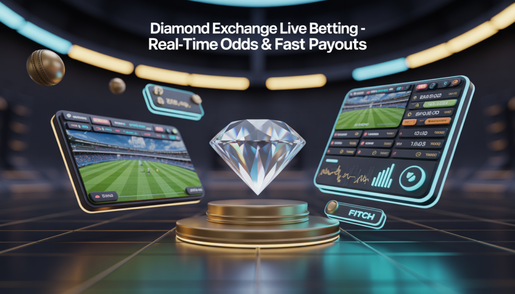 “3D illustration of Diamond Exchange live betting platform showing real-time odds, fast payouts, and sports betting visuals in a modern futuristic design.”