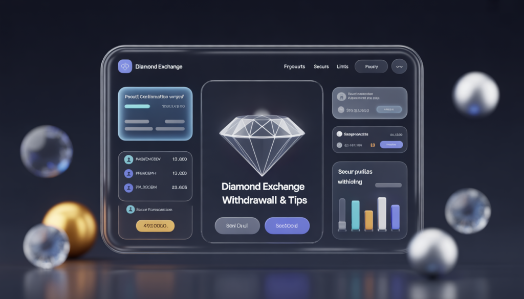 Modern 3D illustration showing Diamond Exchange withdrawal process with secure payout dashboard, diamond icon, and fast transaction visuals.