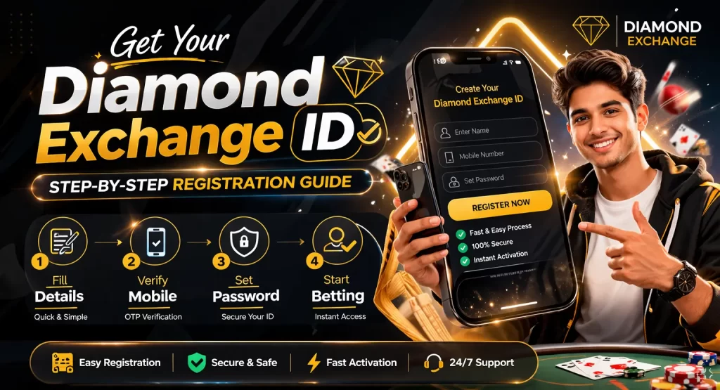 Diamond Exchange ID registration banner showing smartphone signup steps, modern user interface and secure account creation process
