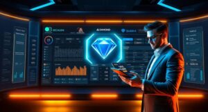 3D modern illustration showing how Diamond Exchange works with a futuristic betting dashboard, live odds, account setup, and glowing diamond icon