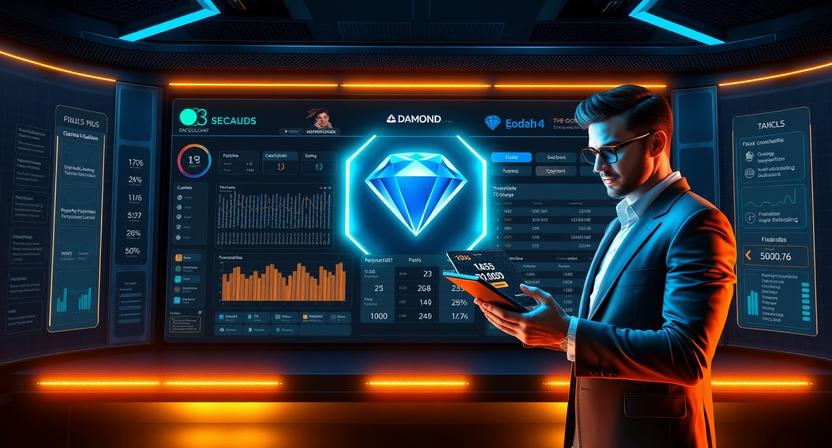 3D modern illustration showing how Diamond Exchange works with a futuristic betting dashboard, live odds, account setup, and glowing diamond icon
