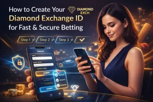Diamond Exchange ID creation banner showing woman using smartphone, registration steps, security icons and modern app interface