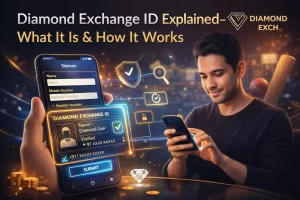 Diamond Exchange ID explained banner showing smartphone registration, user ID card, security icons and modern gaming interface