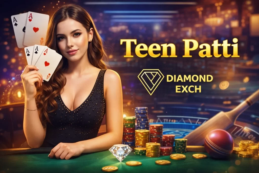 Teen Patti game banner with stylish woman holding cards, casino chips, cricket elements and Diamond Exchange logo