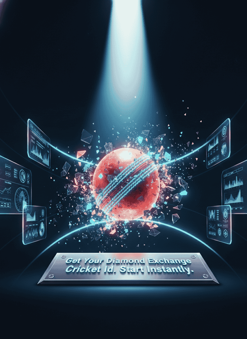 Ultra-luxury 3D cricket scene featuring a glowing futuristic stadium, crystal glass cricket ball in motion, floating digital interface, deep navy and emerald gradient background with neon lighting and cinematic shadows, designed in an elegant high-end sports technology style.