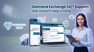 "Diamond Exchange 24/7 support banner with live chat interface, customer service agent and instant help concept"