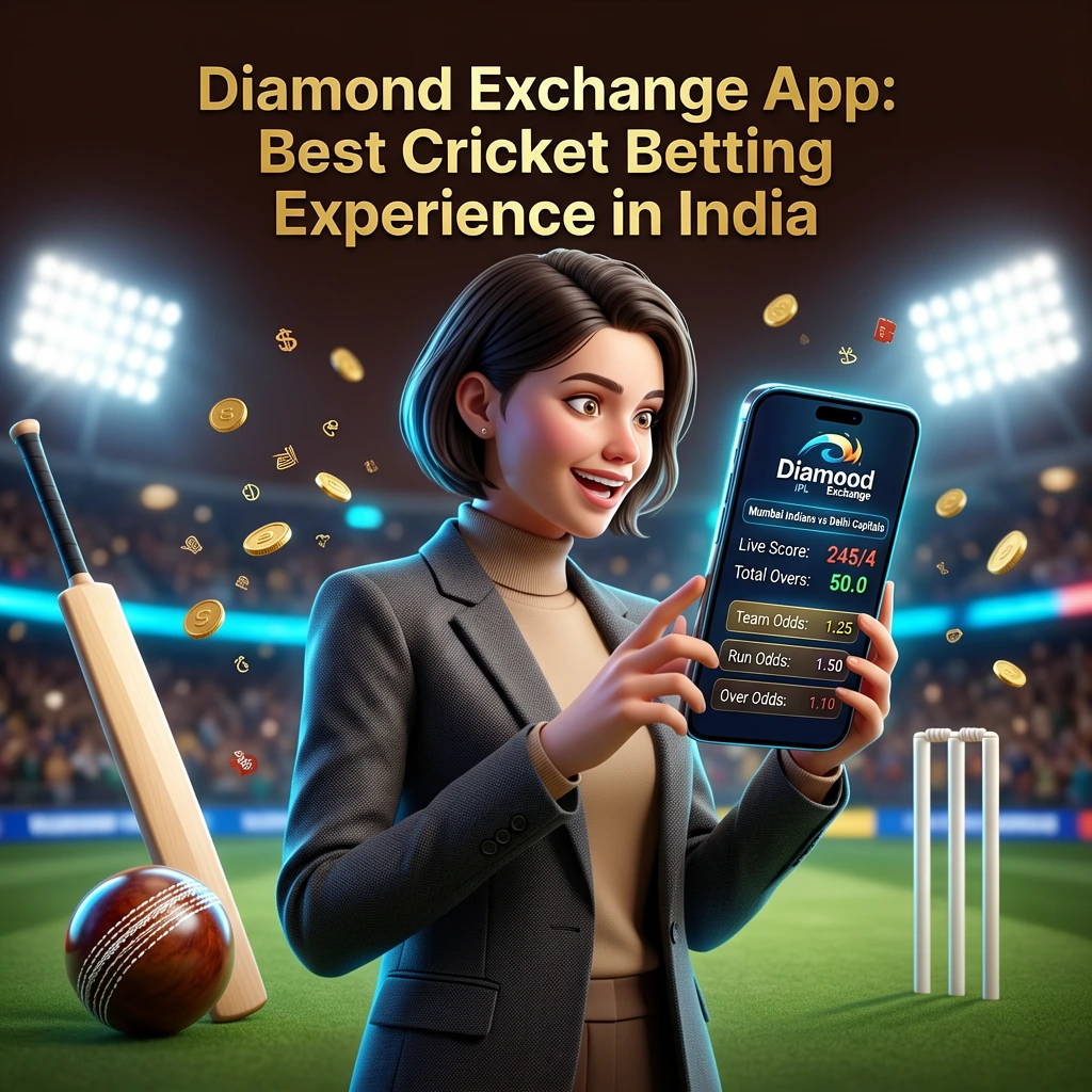 Diamond Exchange app with cricket betting interface, female user interacting, and IPL stadium background