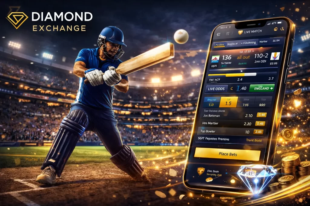 Diamond Exchange cricket betting app banner showing batsman in stadium, live match on smartphone and betting interface