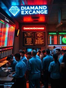 Diamond Exchange betting shop scene with live cricket odds screens, users placing diamond exchange cricket betting, and secure fast withdrawal betting site counter in a realistic modern environment