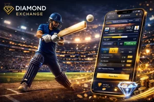 Diamond Exchange cricket betting app banner showing batsman in stadium, live match on smartphone and betting interface