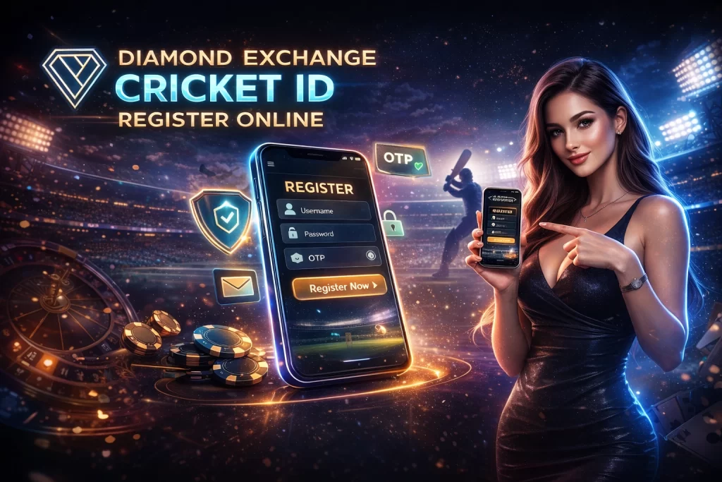"Diamond Exchange cricket ID registration banner with mobile signup screen, neon design and betting platform interface"
