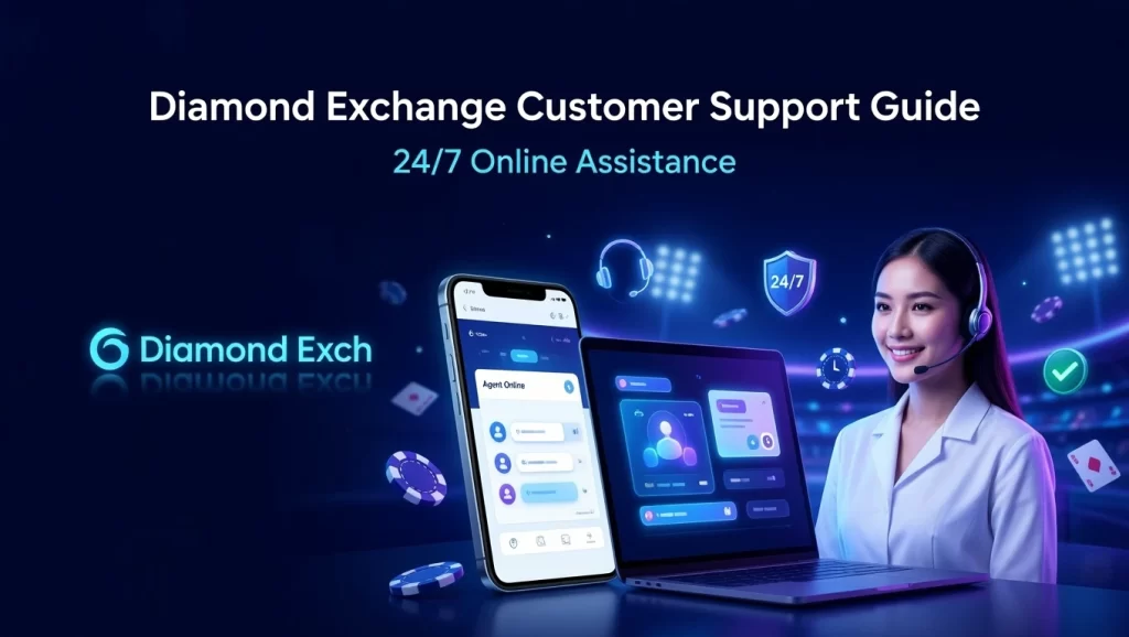 "Diamond Exchange customer support guide banner with live chat interface, support agent and 24/7 online assistance concept"