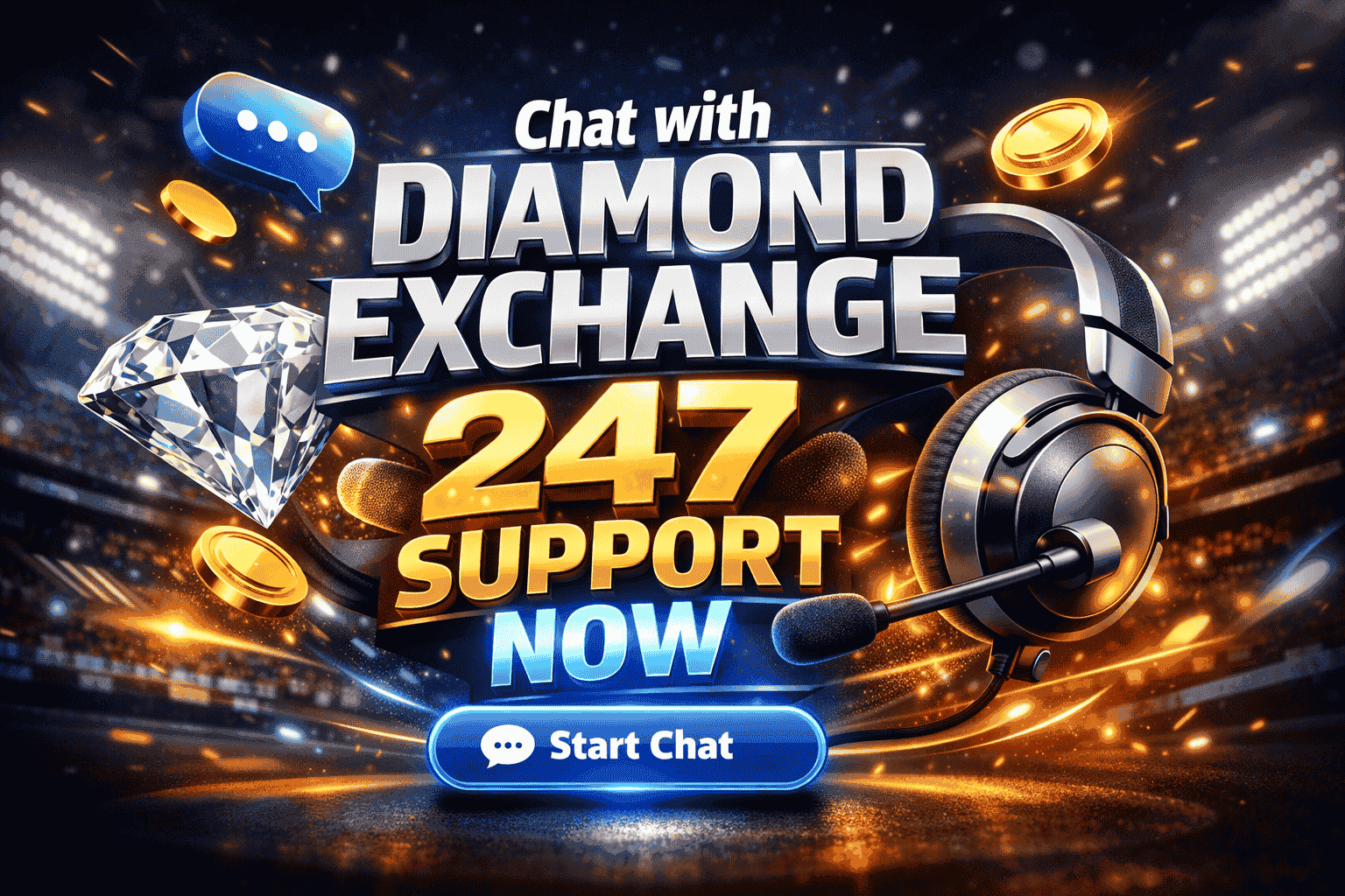 Diamond Exchange 247 support banner showing 3D diamond, customer support headset, and live betting online help