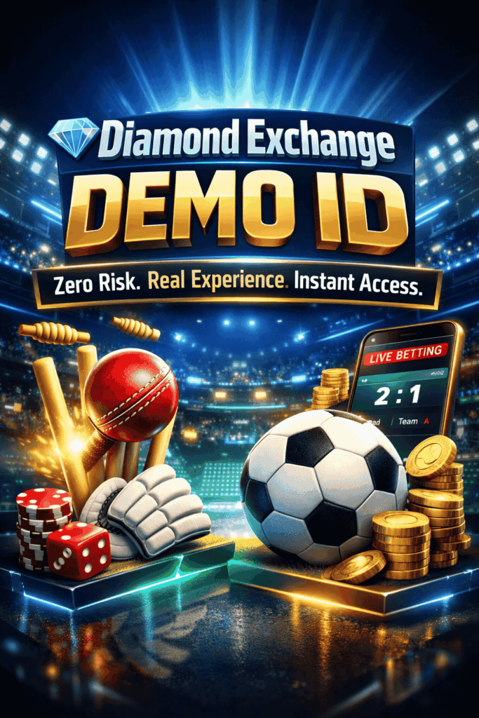3D Diamond Exchange Demo ID banner with gold text, Zero Risk tagline, cricket and football graphics, coins, and live betting screen in stadium background.