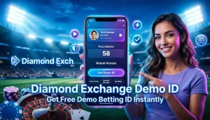 "Diamond Exchange free demo ID banner with instant betting account access, mobile interface and practice mode"