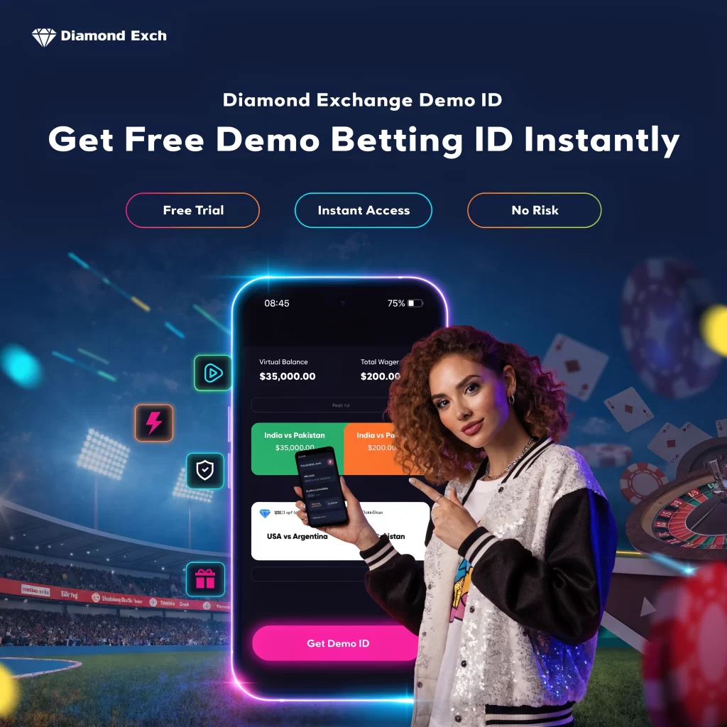 "Diamond Exchange demo ID banner with free betting account, mobile app interface and instant access concept"