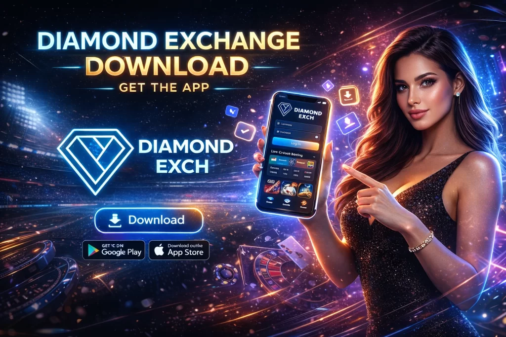 "Diamond Exchange app download banner with neon glow, smartphone interface, and premium betting platform design"
