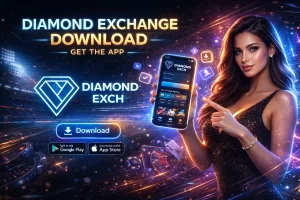 "Diamond Exchange app download banner with neon glow, smartphone interface, and premium betting platform design"