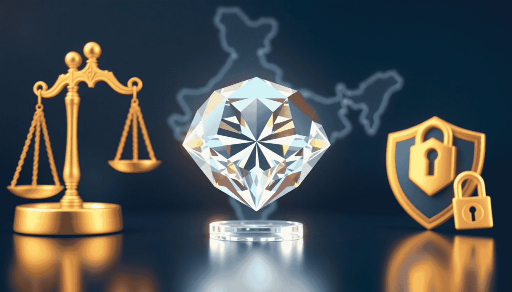 Diamond Exchange India legal review concept with 3D diamond, justice scale, and India map showing online betting legal status.