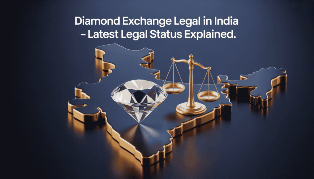 3D diamond with golden justice scale and India map representing Diamond Exchange legal status in India on elegant dark blue background.