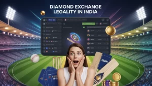 Diamond Exchange legality in India with IPL cricket stadium, betting interface, and shocked woman reaction