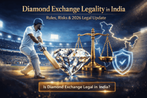 Modern 3D banner showing cricket player in stadium crowd with bold title Diamond Exchange Legality in India and glowing diamond theme