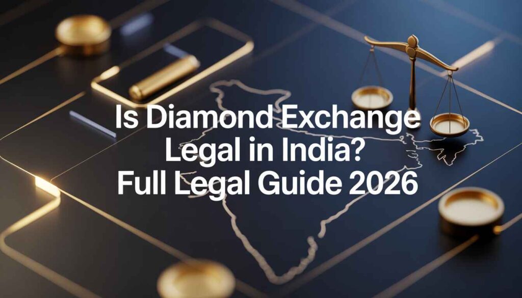 Diamond Exchange legal status in India 2026 guide with scale of justice and India map on elegant dark blue background.