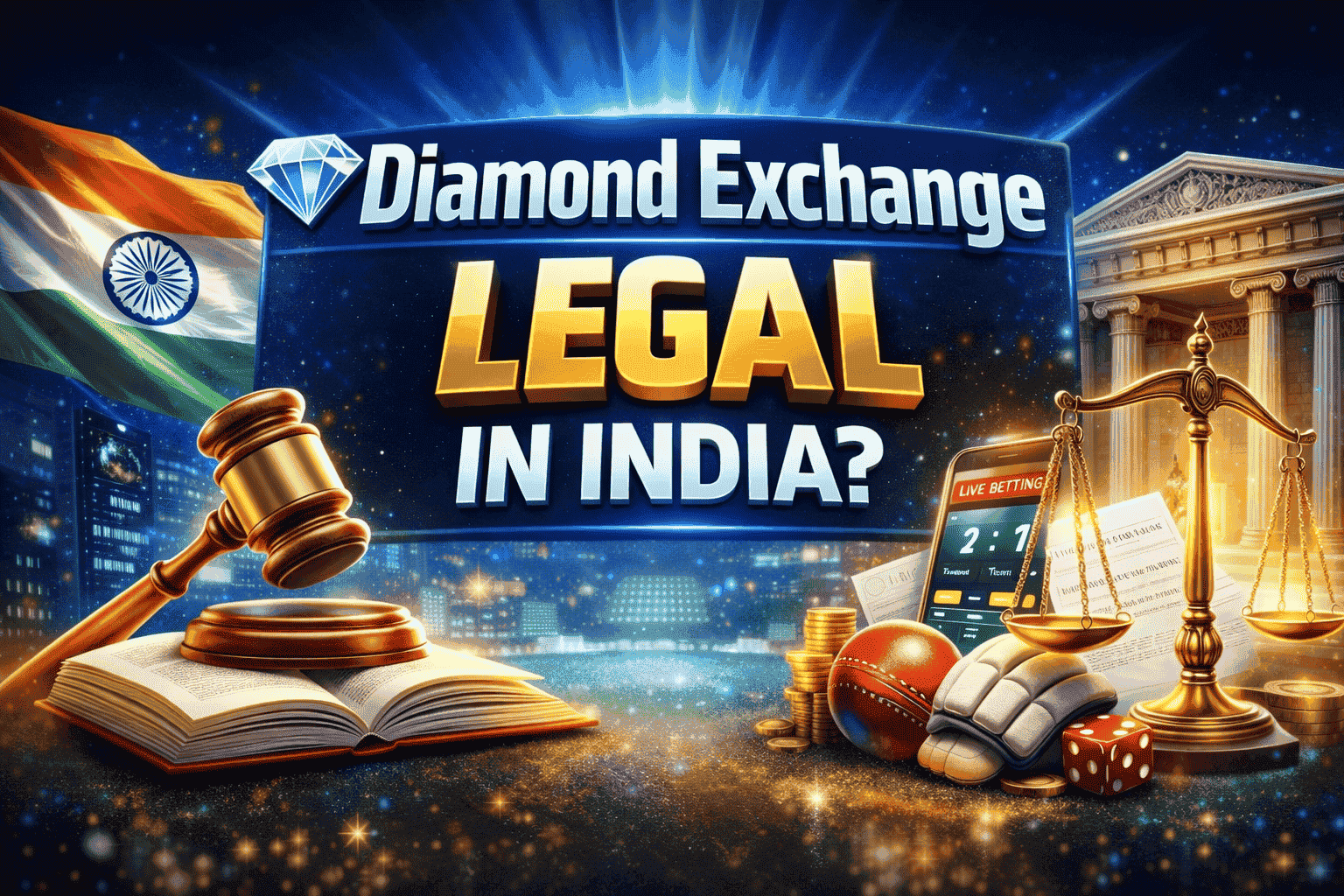 Diamond Exchange Legal in India banner with gavel, scales, Indian flag, and betting elements in modern 3D design.