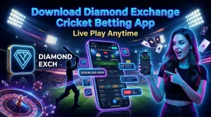 "Download Diamond Exchange cricket betting app for live play with mobile interface, live match odds and neon design"