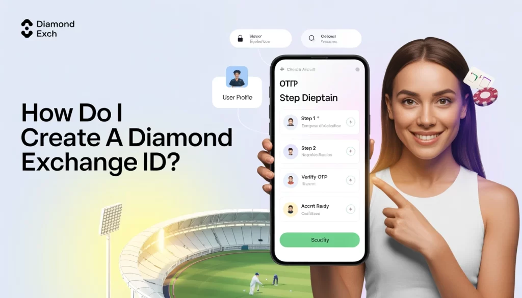 "How to create Diamond Exchange ID banner with mobile signup steps, verification process and secure betting interface"