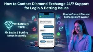 "Diamond Exchange 24/7 support banner for login and betting issues with live chat interface and customer service agent"