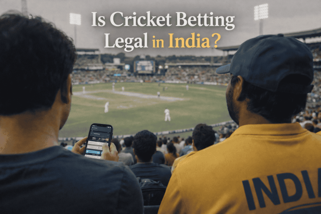 Two spectators watching a cricket match in a packed stadium, one holding a smartphone with a betting app, under the title “Is Cricket Betting Legal in India?”