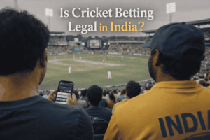 Two spectators watching a cricket match in a packed stadium, one holding a smartphone with a betting app, under the title “Is Cricket Betting Legal in India?”