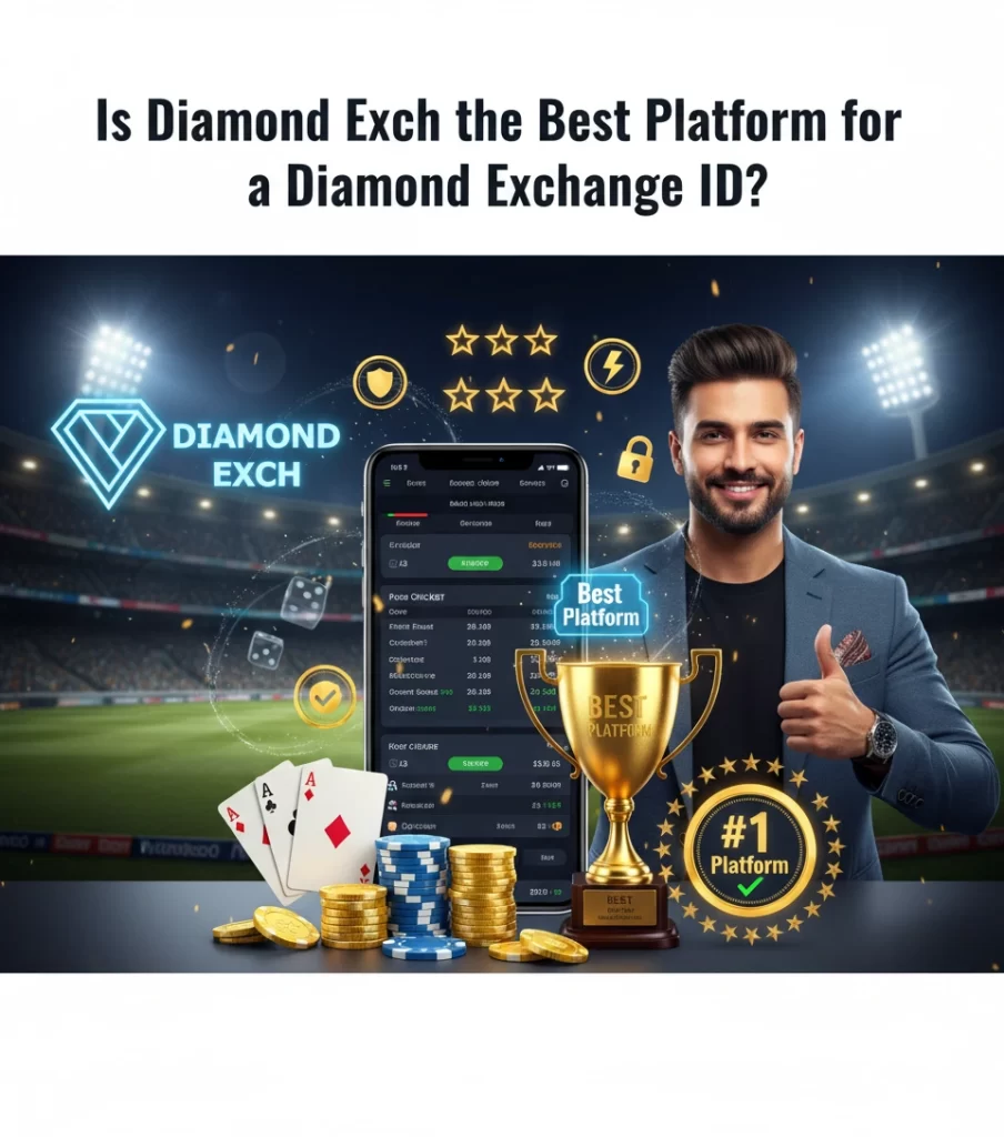 "Is Diamond Exch best platform banner with betting app interface, 5 star rating and trusted secure platform concept"