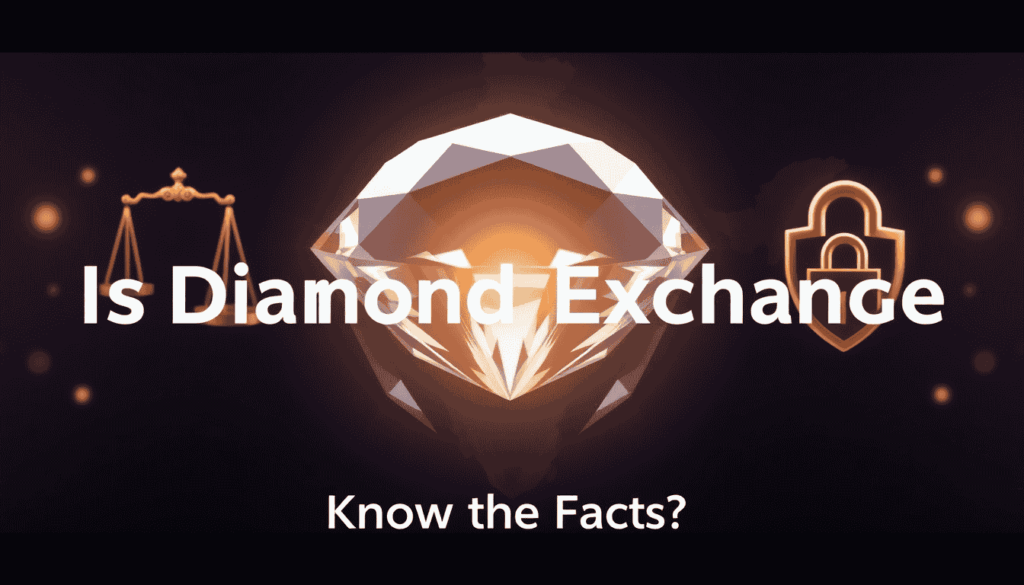 3D diamond with justice scale, security shield, and India map representing Diamond Exchange safety and legal status on dark blue background.