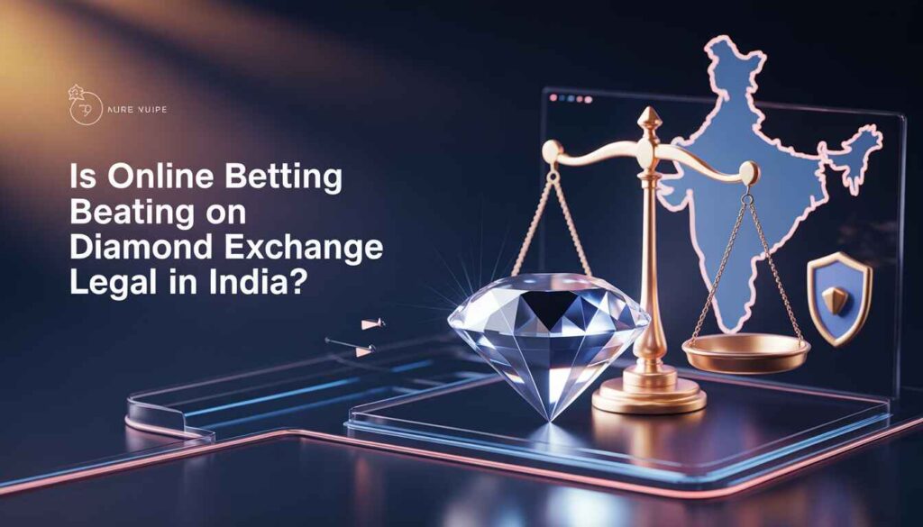 Modern 3D banner with glowing diamond, golden justice scale, and India map highlighting online betting legality on Diamond Exchange.