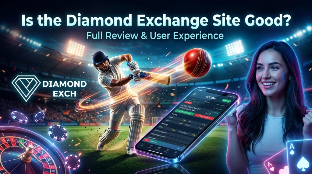 "Is Diamond Exchange site good banner with live cricket action, betting app interface and user review concept"