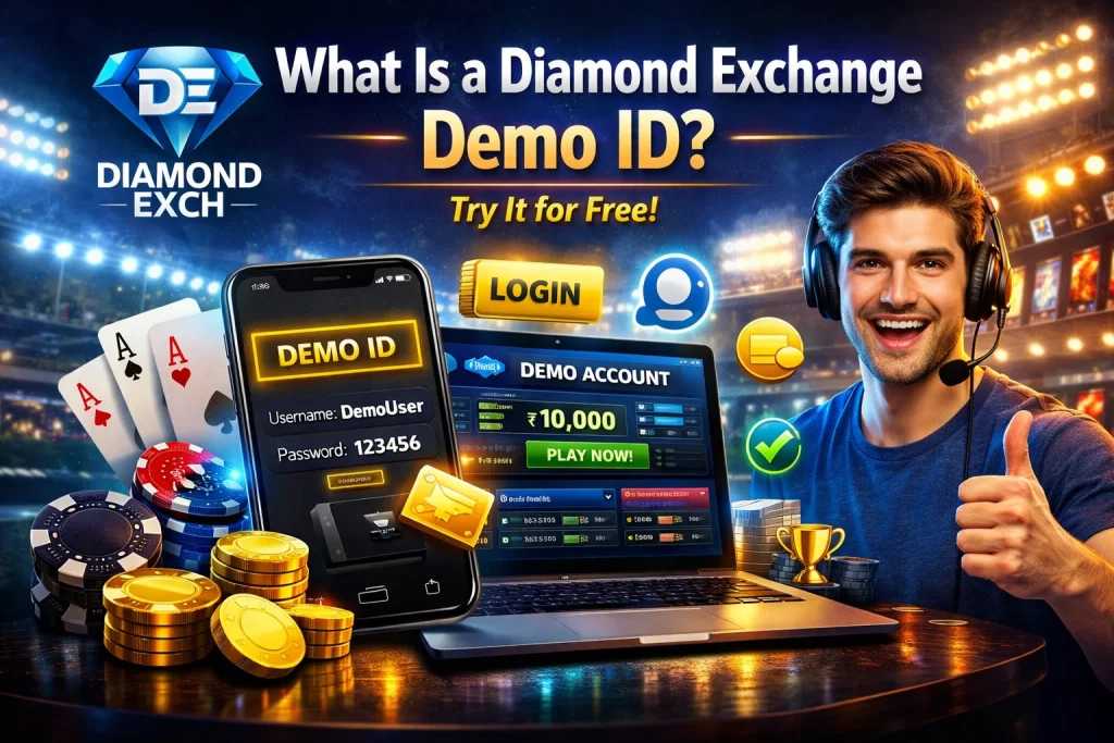 "Diamond Exchange demo ID banner with practice account interface, mobile app screen and risk-free betting concept"